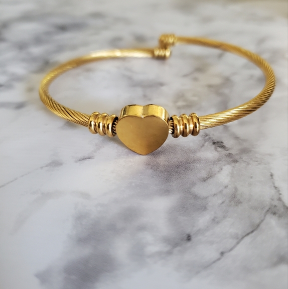 Stainless Steel Cable Wire Heart‎ Charm Gold Plated Bangle Bracelet for women OS - Picture 1 of 8